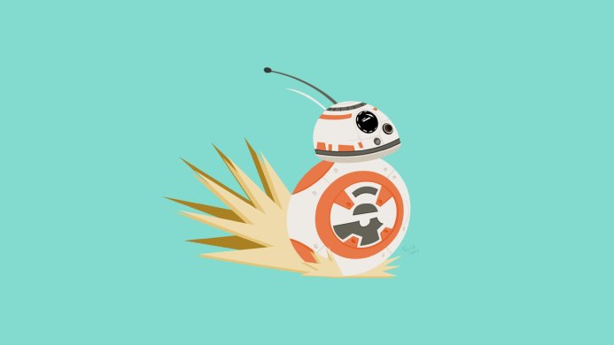 BB-8 droid from Star Wars, rolling with speed effect, orange and white on light blue background