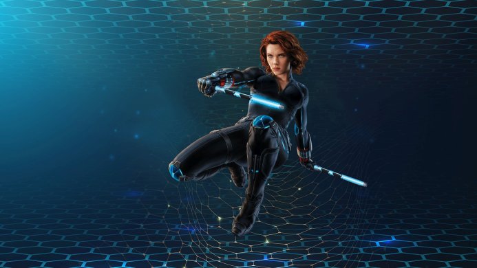 Black Widow in a black suit with blue accents holding two glowing batons