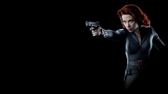 Black Widow aiming a gun, wearing a black suit