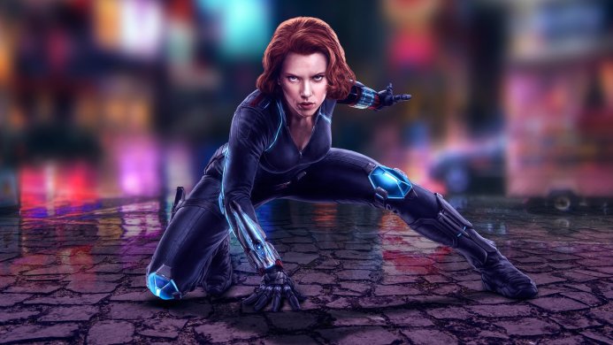Black Widow in her suit, kneeling on a street with neon lights in the background