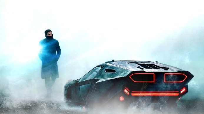 Blade Runner 2049 character K near a futuristic car in a hazy atmosphere