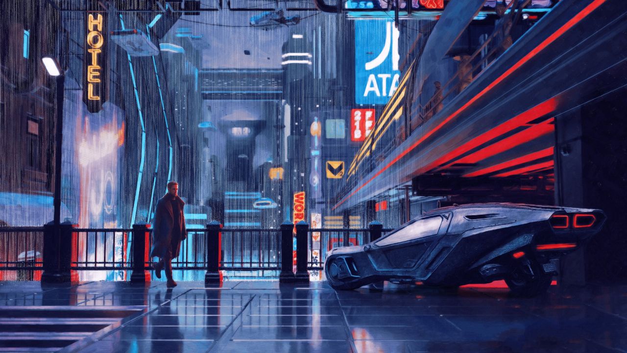 Man in rainy cyberpunk city with car