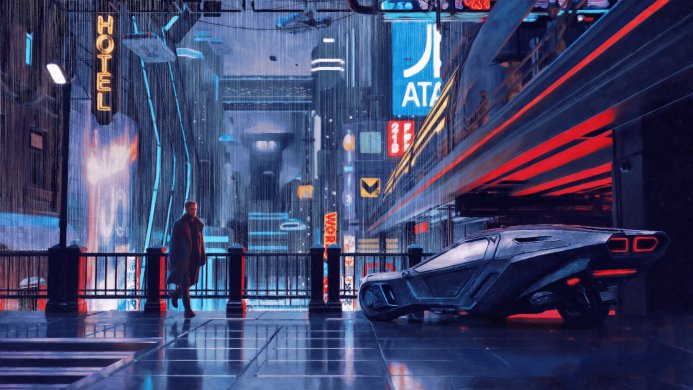 Man walking in a futuristic city at night, inspired by Blade Runner