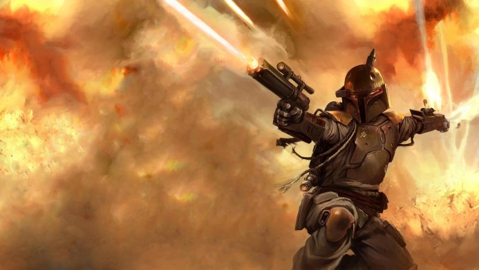 Boba Fett firing his blaster in a battle scene from Star Wars