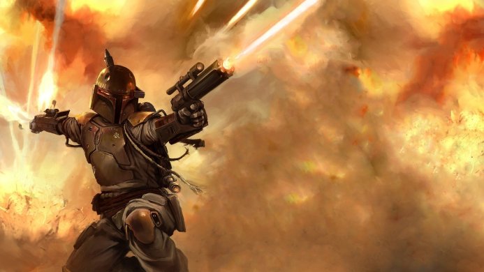 Boba Fett firing a weapon in a cloud of orange smoke
