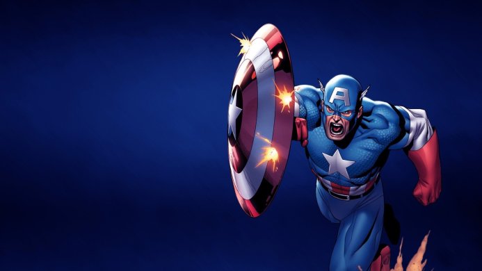 Captain America charging with his shield, blocking energy blasts