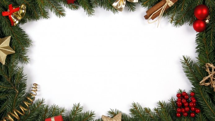 Christmas frame made of fir branches and decorations on a white background