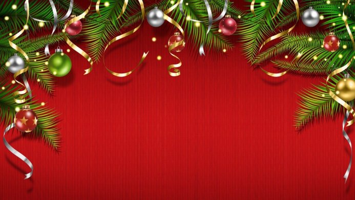 Christmas background with ornaments, fir branches, gold and silver ribbons on red texture