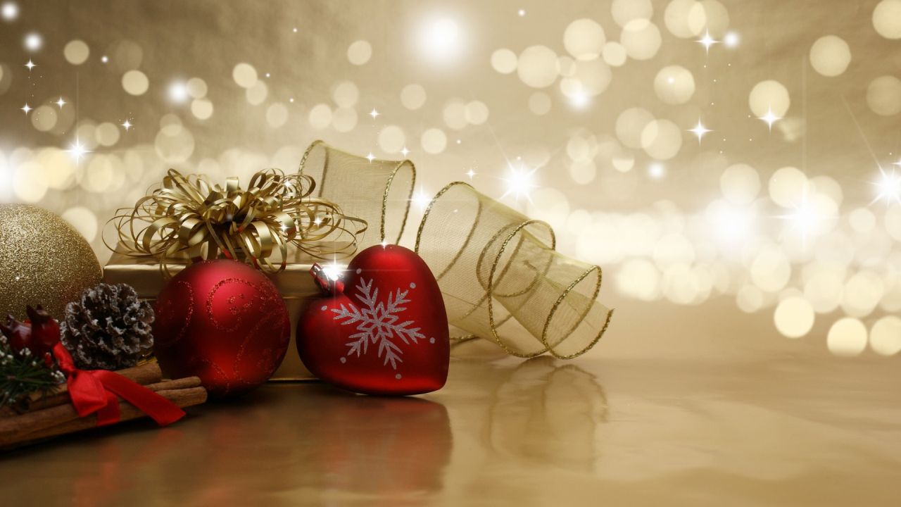 Christmas ornaments and gift with ribbon