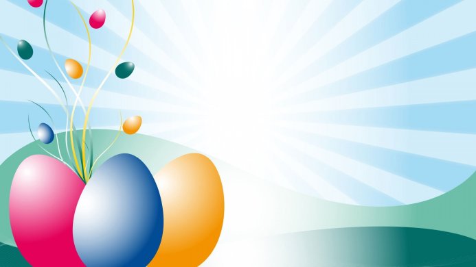 Colorful easter eggs on a light blue background with green accents and radiant light