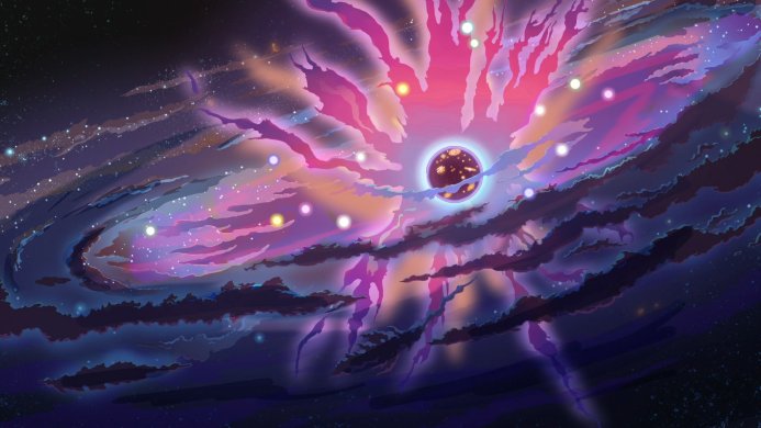 Illustration of a colorful nebula and a planet in space