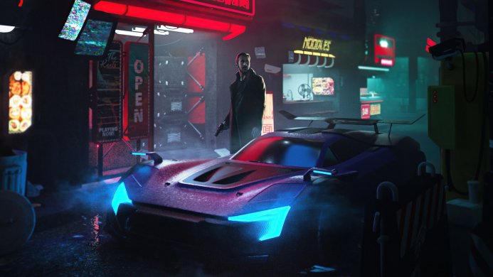 A man with a gun stands in front of a futuristic car in a cyberpunk city street
