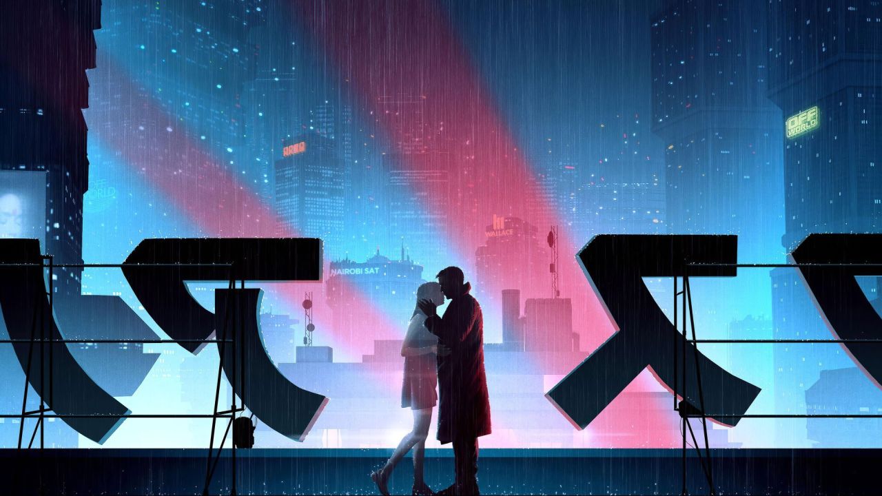 Couple kissing in a cyberpunk city