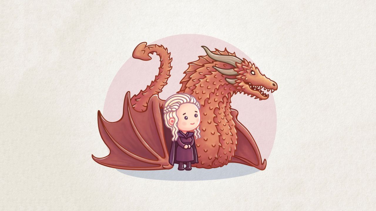 Daenerys and dragon in cartoon style