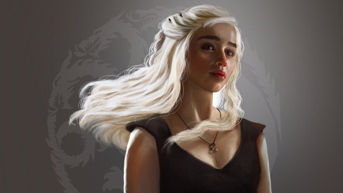 Daenerys Targaryen from Game of Thrones with long blonde hair and dark dress