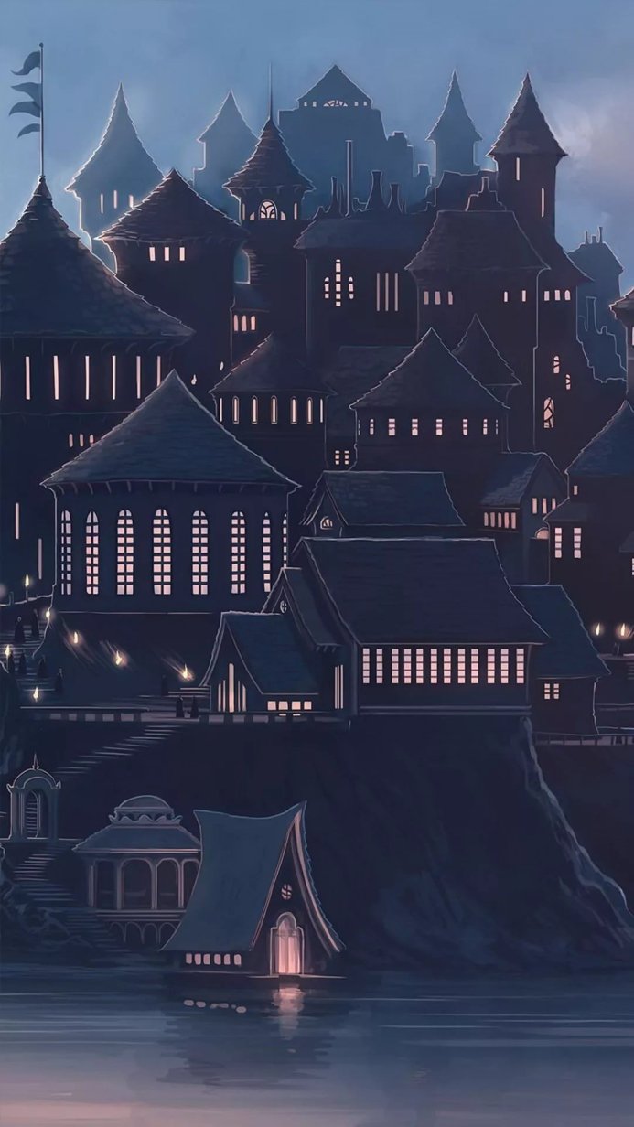 Dark blue illustration of a fantasy city at night with illuminated windows