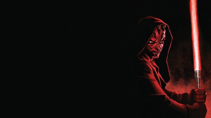 Darth Maul, a villain from Star Wars, with a red lightsaber in the darkness