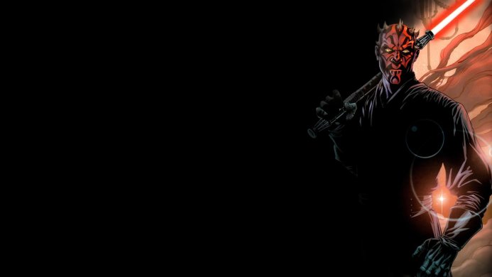 Darth Maul, a Sith warrior from Star Wars, holds a red lightsaber