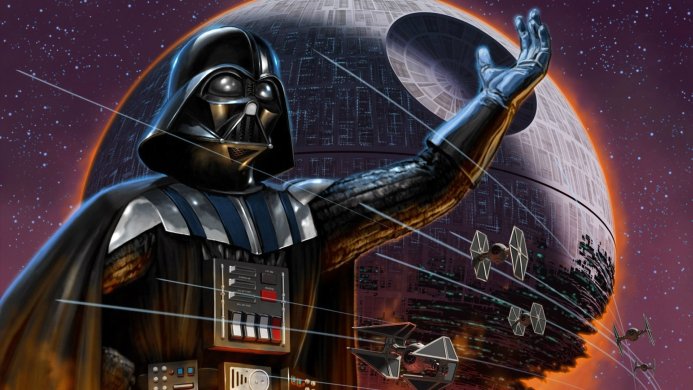 Darth Vader with the Death Star in the background and TIE fighters