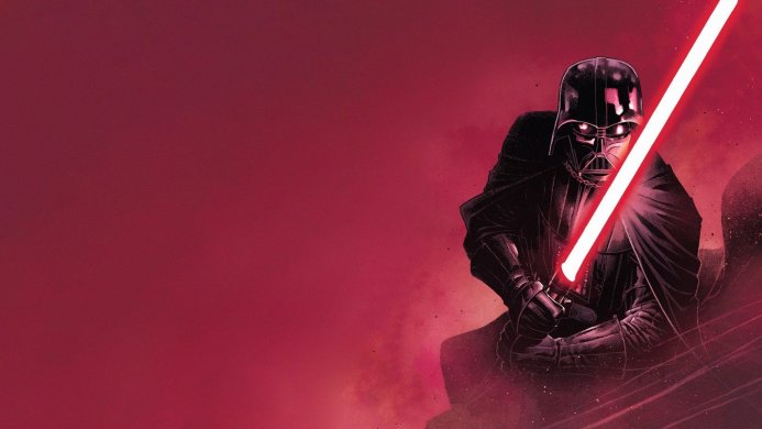 Darth Vader with his red lightsaber in a comic style, dark suit
