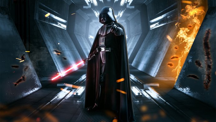 Darth Vader in a corridor holding a red lightsaber, from Star Wars