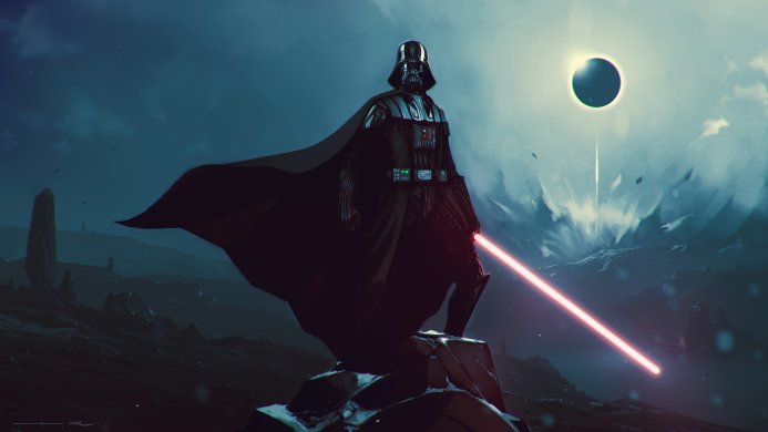 Darth Vader stands with his lightsaber in front of a dark landscape and an eclipse