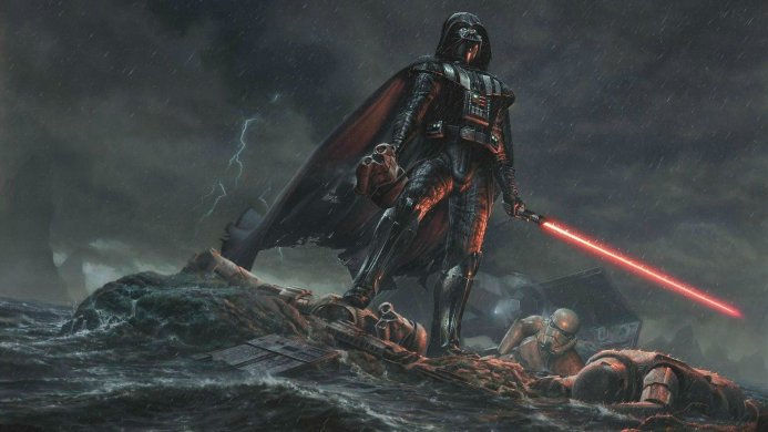 Darth Vader standing on a battlefield with fallen Stormtroopers in Star Wars