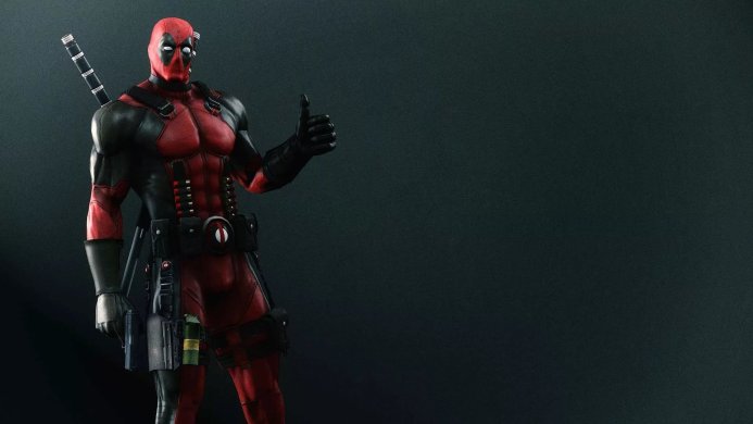 Deadpool, a character from Marvel Comics, in a red and black suit giving a thumbs up