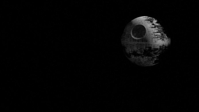 The Death Star battle station from Star Wars partially destroyed in space among the stars