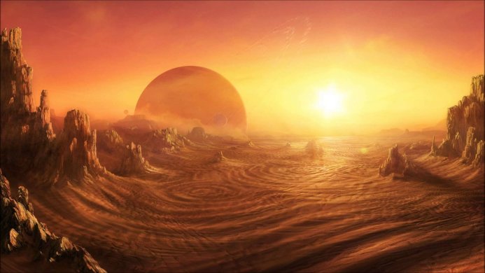 A desolate desert landscape with a large planet in the orange sky