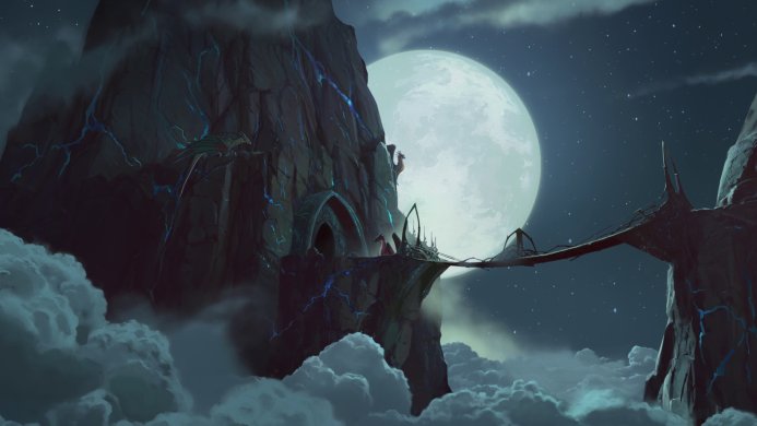 Dragons on a mountain under a full moon connected by a bridge in a fantasy landscape