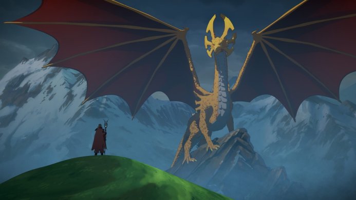 A scene from The Dragon Prince featuring a gold dragon and a figure with a staff