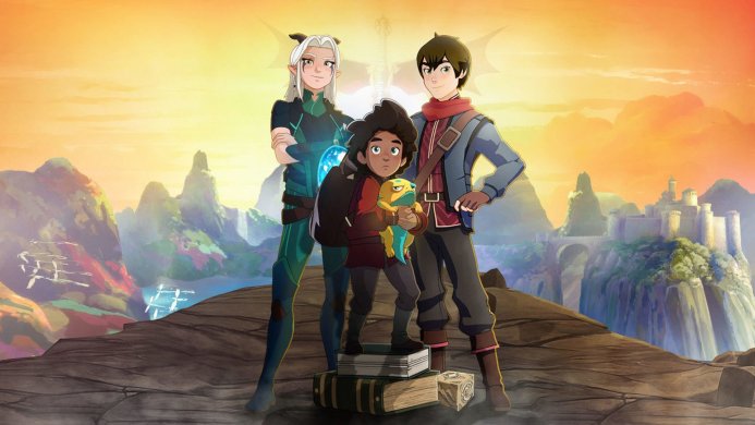 Rayla, Callum, Ezran, and Bait from The Dragon Prince, standing on a cliff overlooking a castle