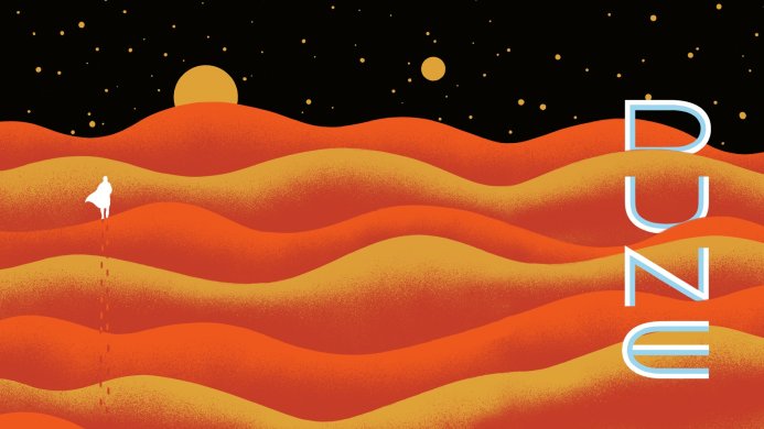 Dune movie poster with a figure walking on sand dunes under a starry sky