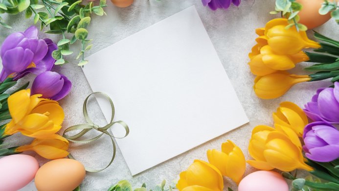 Easter composition with crocuses, easter eggs, card and ribbon