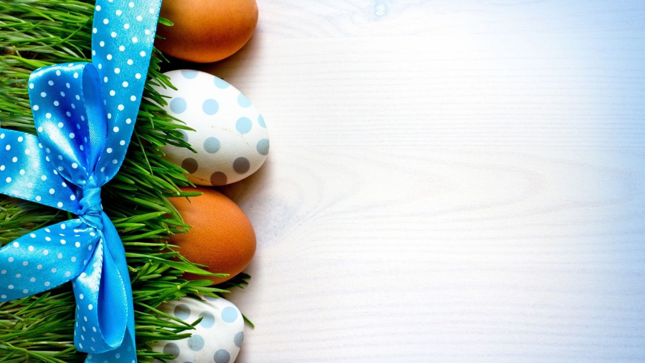 Easter eggs with a blue ribbon