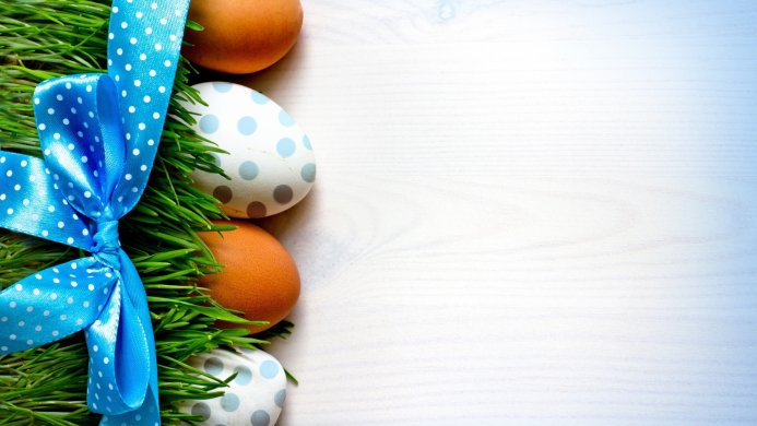 Easter eggs with a blue ribbon and green grass on a white wooden surface