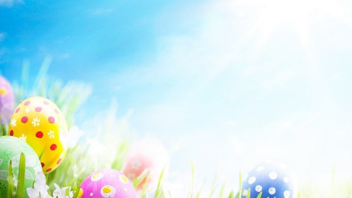 Colorful Easter eggs in grass against a blue sky background