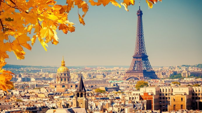 Eiffel Tower and Les Invalides in Paris on a clear day framed by autumn leaves