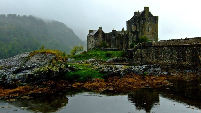 Eilean Donan Castle in Scotland on a cloudy day