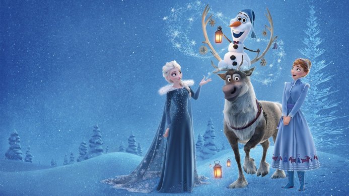 Elsa, Anna, Olaf and Sven from Frozen movie. They are celebrating Christmas in the snowy winter landscape