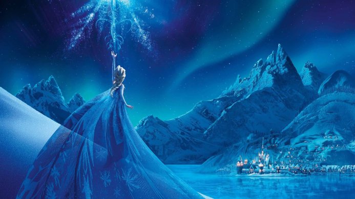 Elsa from Frozen using her ice powers with a castle and mountains in the background