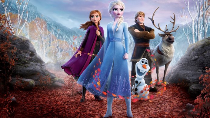 Elsa, Anna, Kristoff, Olaf and Sven from Frozen 2 standing in an enchanted autumn forest
