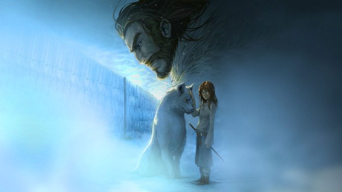 A girl with a direwolf and a giant man near the wall from Game of Thrones