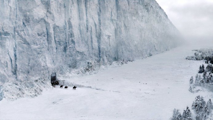 The Wall from Game of Thrones, with riders on horseback in a snowy landscape
