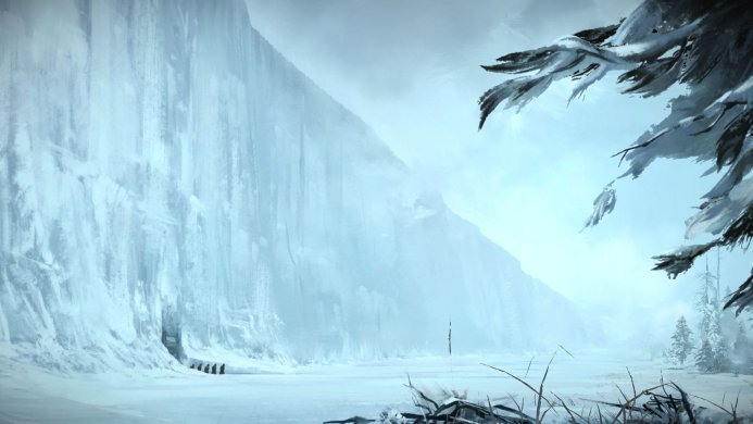The Wall from Game of Thrones, a massive ice structure in a desolate, frozen landscape