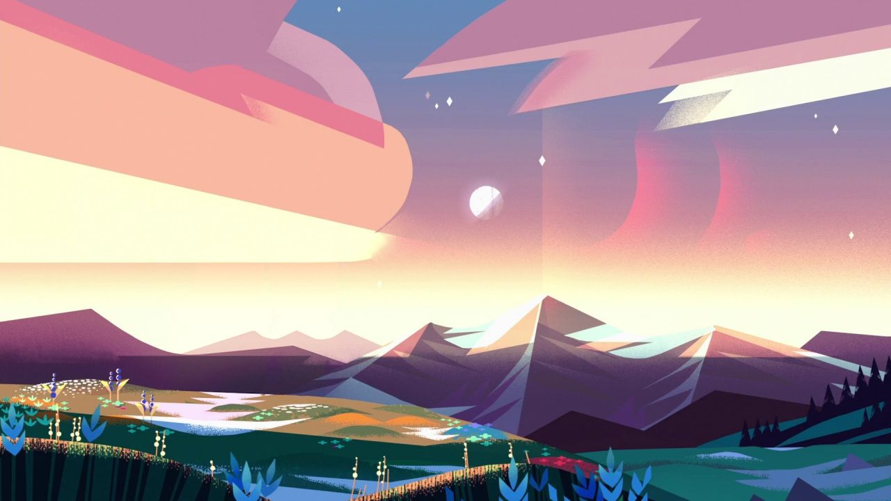 Geometric mountain landscape at sunset