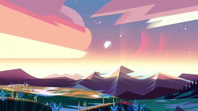 Geometric landscape illustration with mountains, pastel sky, and stylized plants