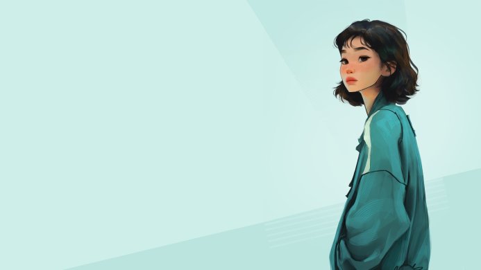 Illustration of a girl with short brown hair wearing a teal jacket