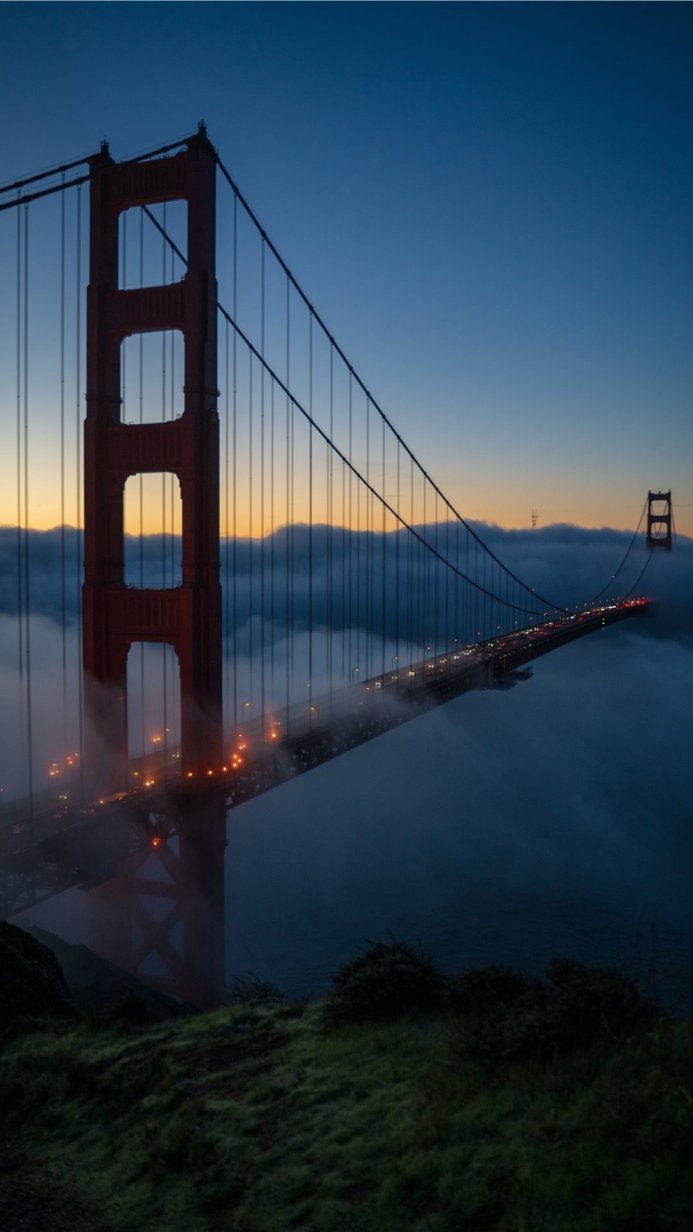 Golden Gate Bridge shrouded in fog at dusk, a partial view from a grassy hill